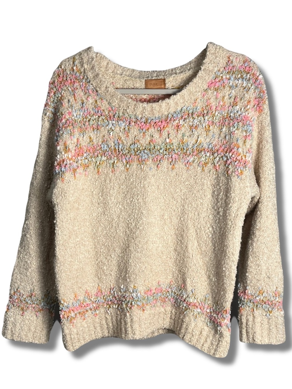 POL Cream Pink Pastel Fair Isle Knit Sweater Pullover Crewneck Relaxed Small